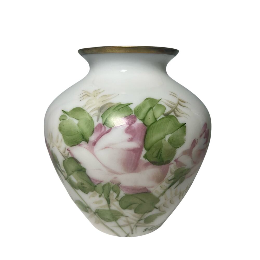 Vintage 40s DeLuxe Inc USA Signed Hand Painted Floral Vase Milk Glass